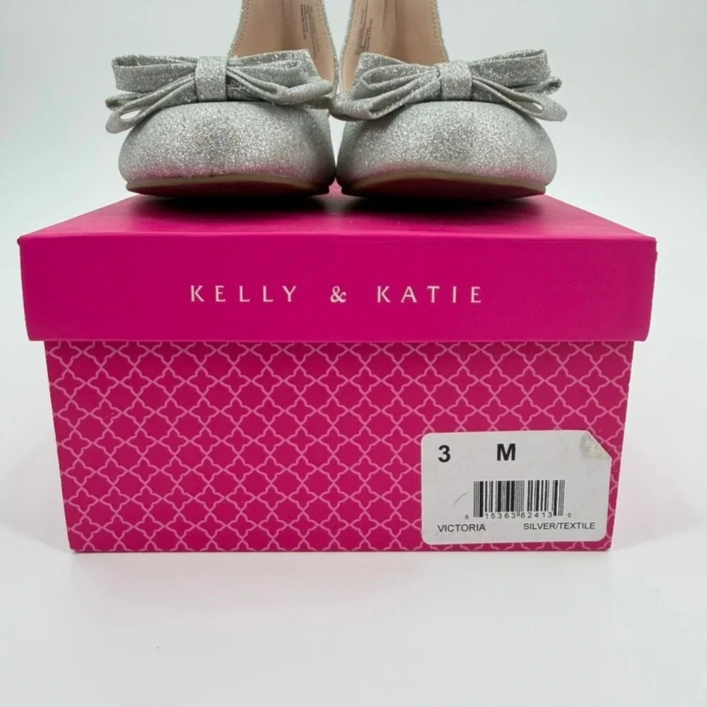 Kelly & Katie Victoria Kids Silver Glitter Bow Block Heel Dress Shoes Size 3M